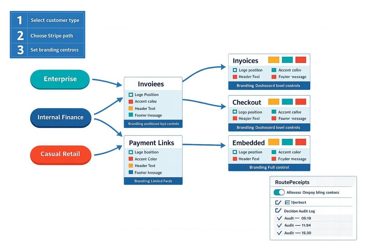flowchart matching customer types (Enterprise, Internal Finance, Casual Retail) to Stripe paths (Invoices, Checkout, Payment Links, Embedded) with branding control locations highlighted