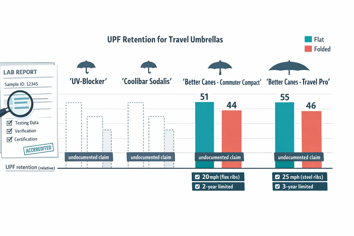 bar chart comparing flat and folded UPF retention across tested travel umbrellas, including UV-Blocker, Coolibar Sodalis, and Better Canes Umbrellas models