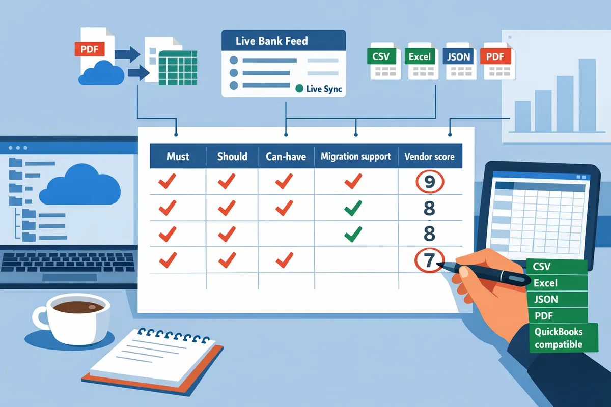 checklist sheet showing columns for must/should/can-have, migration support, and vendor scores