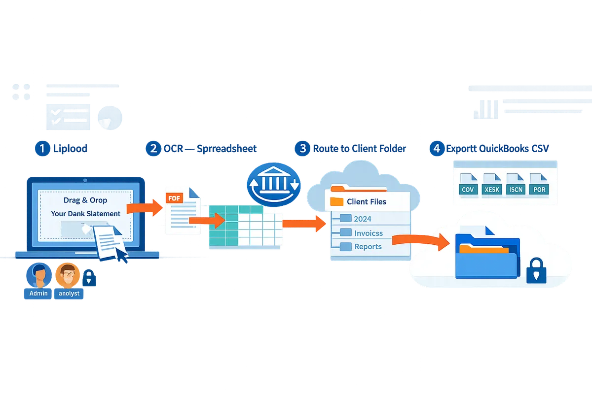 annotated diagram showing a client uploading a bank statement to a portal, OCR converting the PDF to spreadsheet, routing to a client folder, and exporting a QuickBooks-compatible CSV