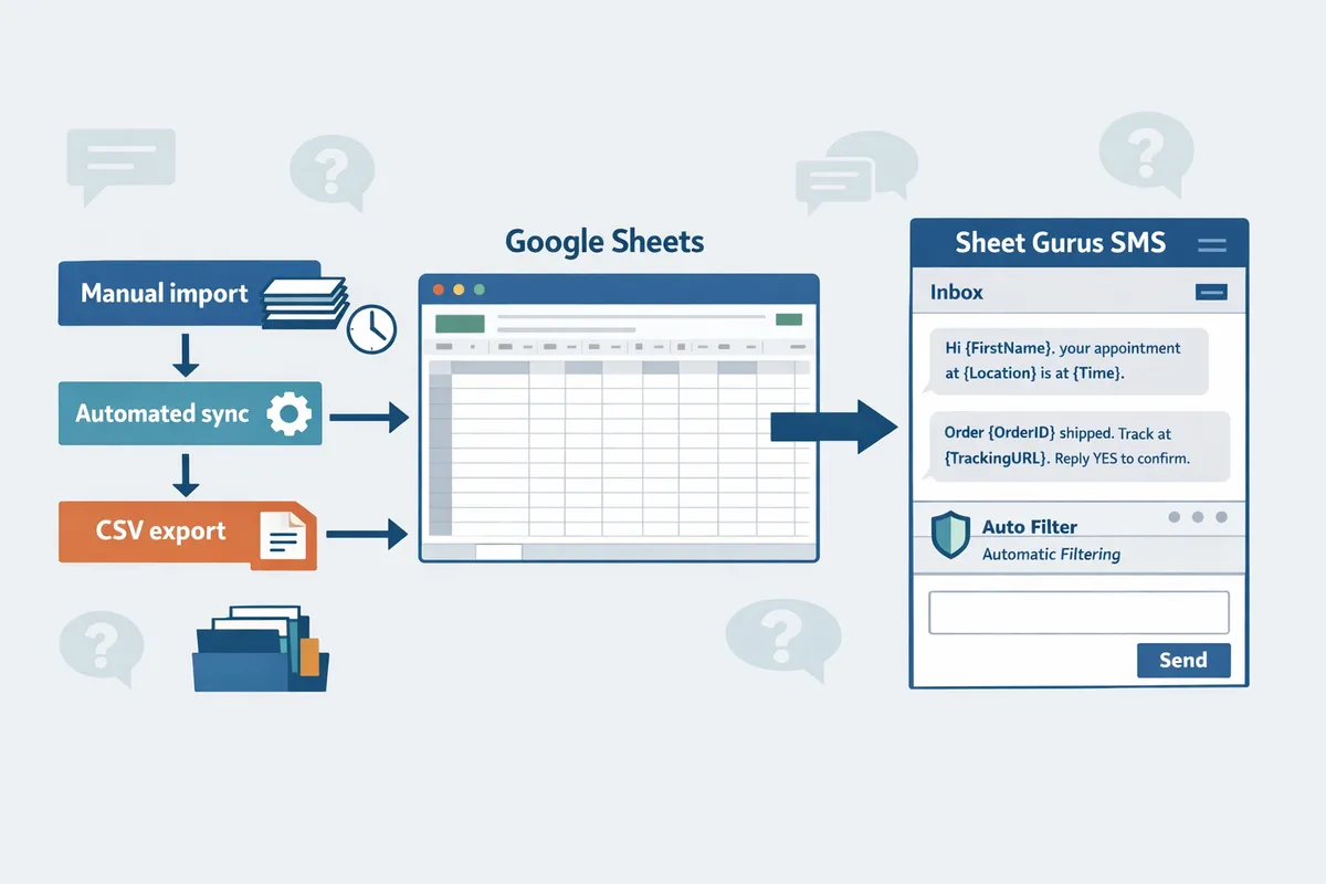 flowchart showing three Excel-to-Google Sheets workflows: manual import, automated sync, and CSV export, with arrows to a sidebar labeled Sheet Gurus SMS