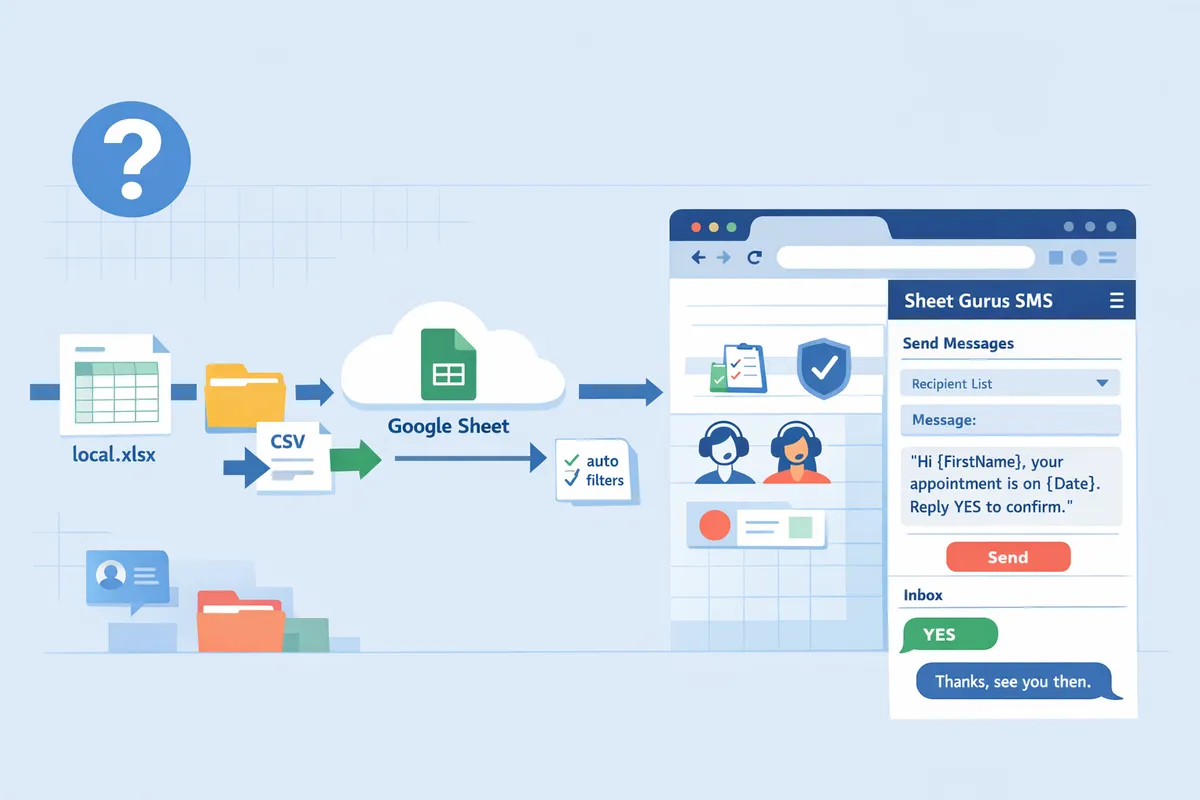 flowchart showing Excel to Google Sheets export path and the Sheet Gurus SMS sidebar sending personalized messages