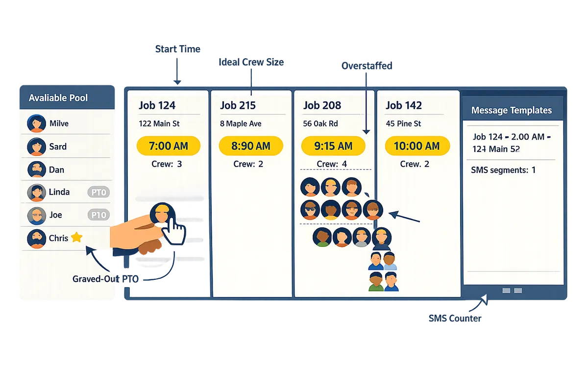 annotated day-board showing jobs as columns, crew pool at the side with PTO grayed out, and a message template panel with live SMS segment counter