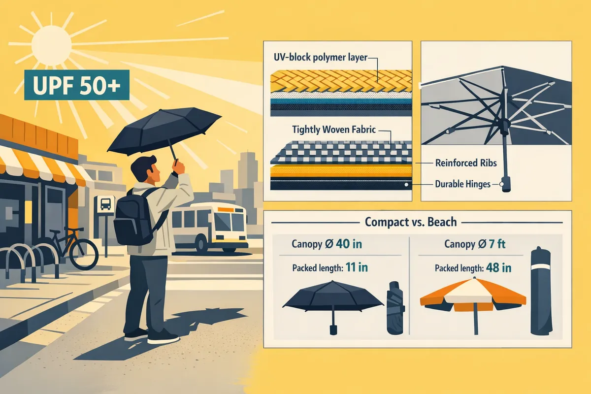 traveler opening a UPF 50+ compact umbrella on a sunny city street