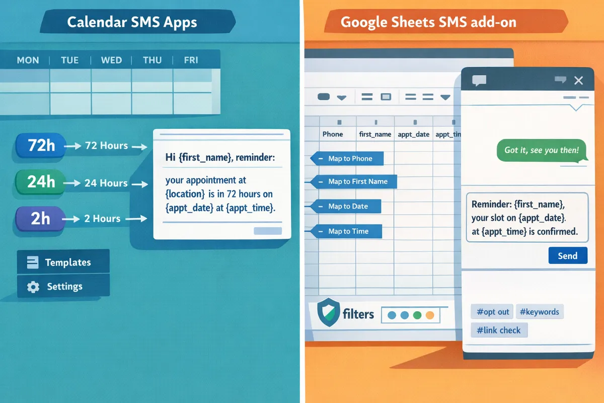 split-screen showing a calendar reminder flow next to a Google Sheet with a sidebar inbox and curly-brace variables