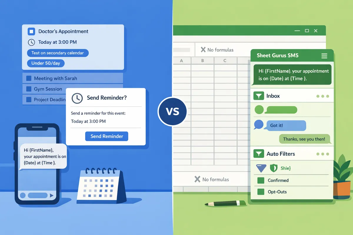 split-screen comparing calendar app event reminder UI and Google Sheets bulk messaging sidebar
