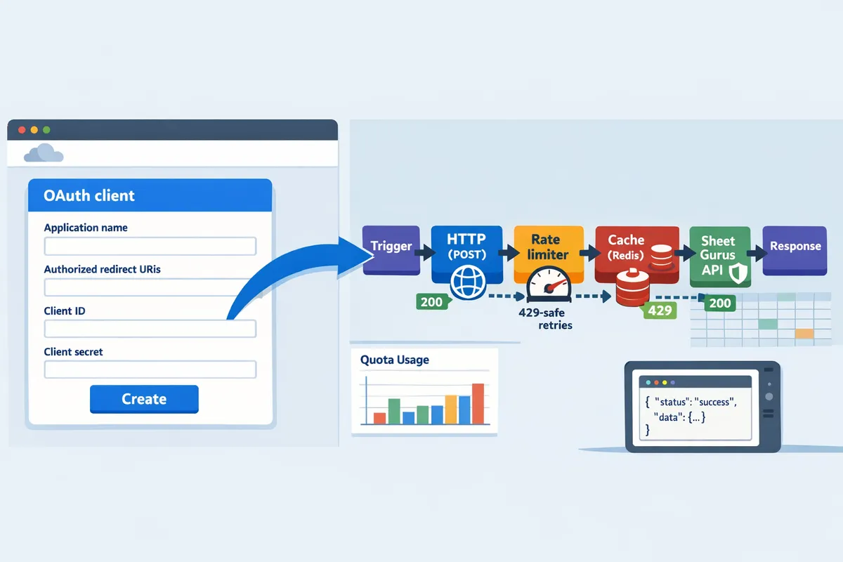 Google Cloud Console showing OAuth client creation screen and Make scenario HTTP module flow diagram