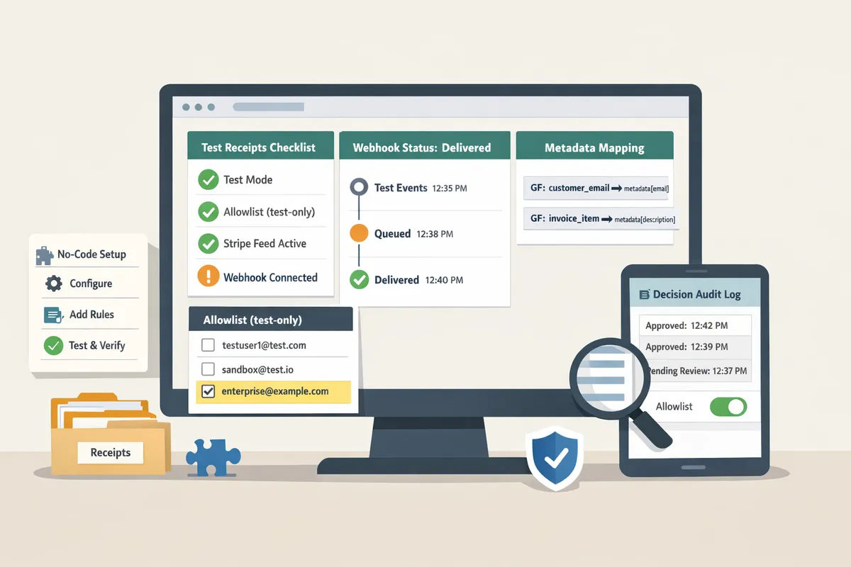checklist on a monitor showing a Gravity Forms Stripe feed audit and webhook status panel