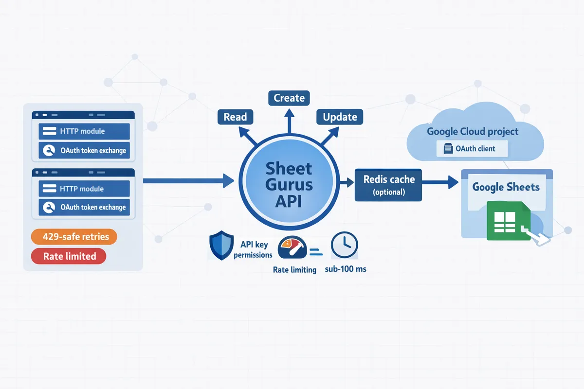 architecture diagram showing Make scenarios calling a Sheet Gurus API endpoint with rate limiting and optional Redis cache in front of Google Sheets