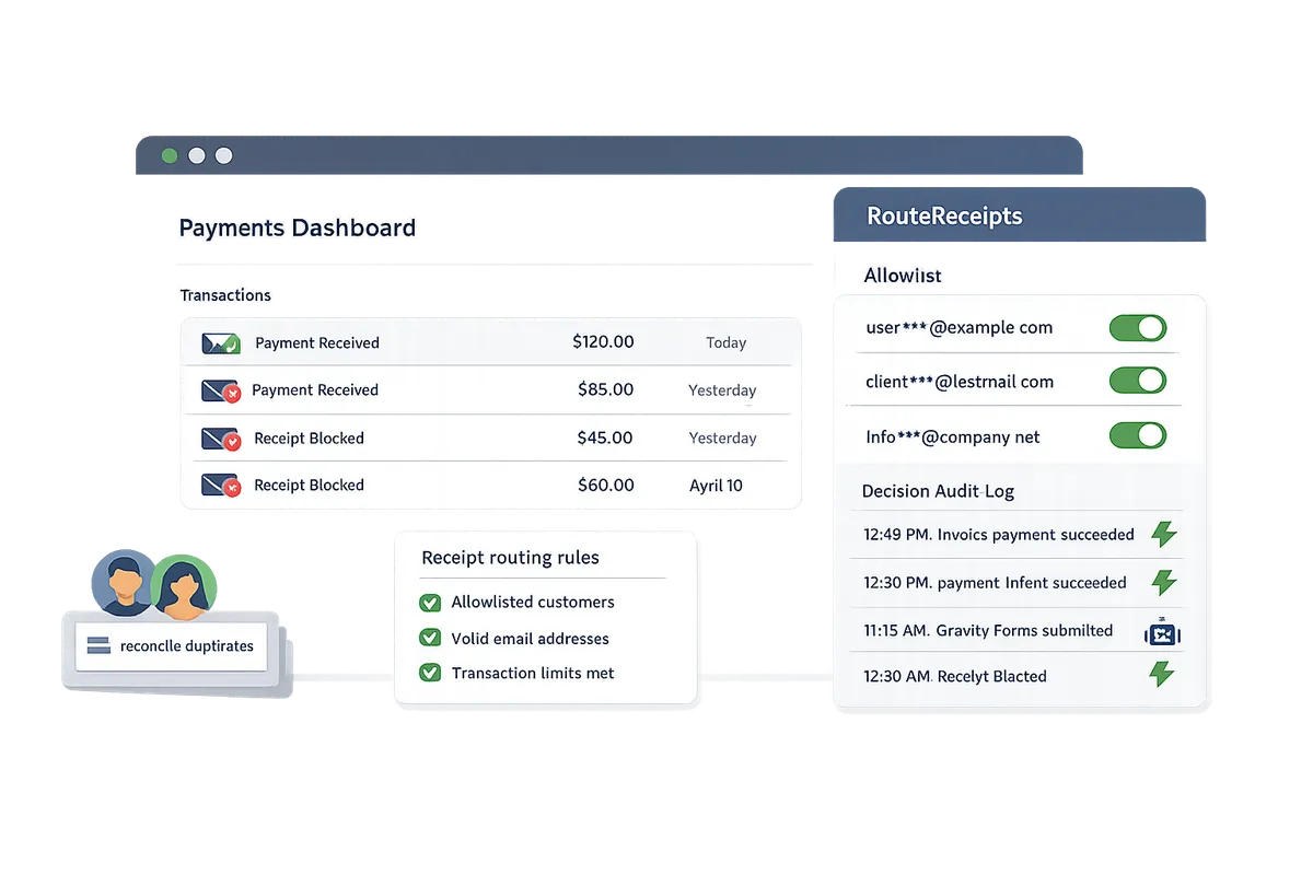 Stripe dashboard with RouteReceipts allowlist and audit log visible on screen