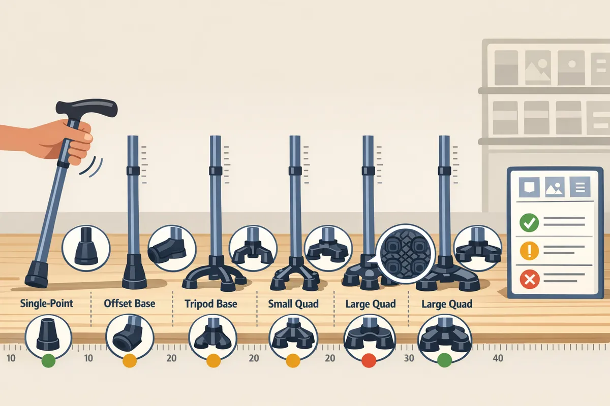 comparison of four cane bases laid out on a table showing singlepoint offset tripod small quad and large quad with rulers and hand holding grips