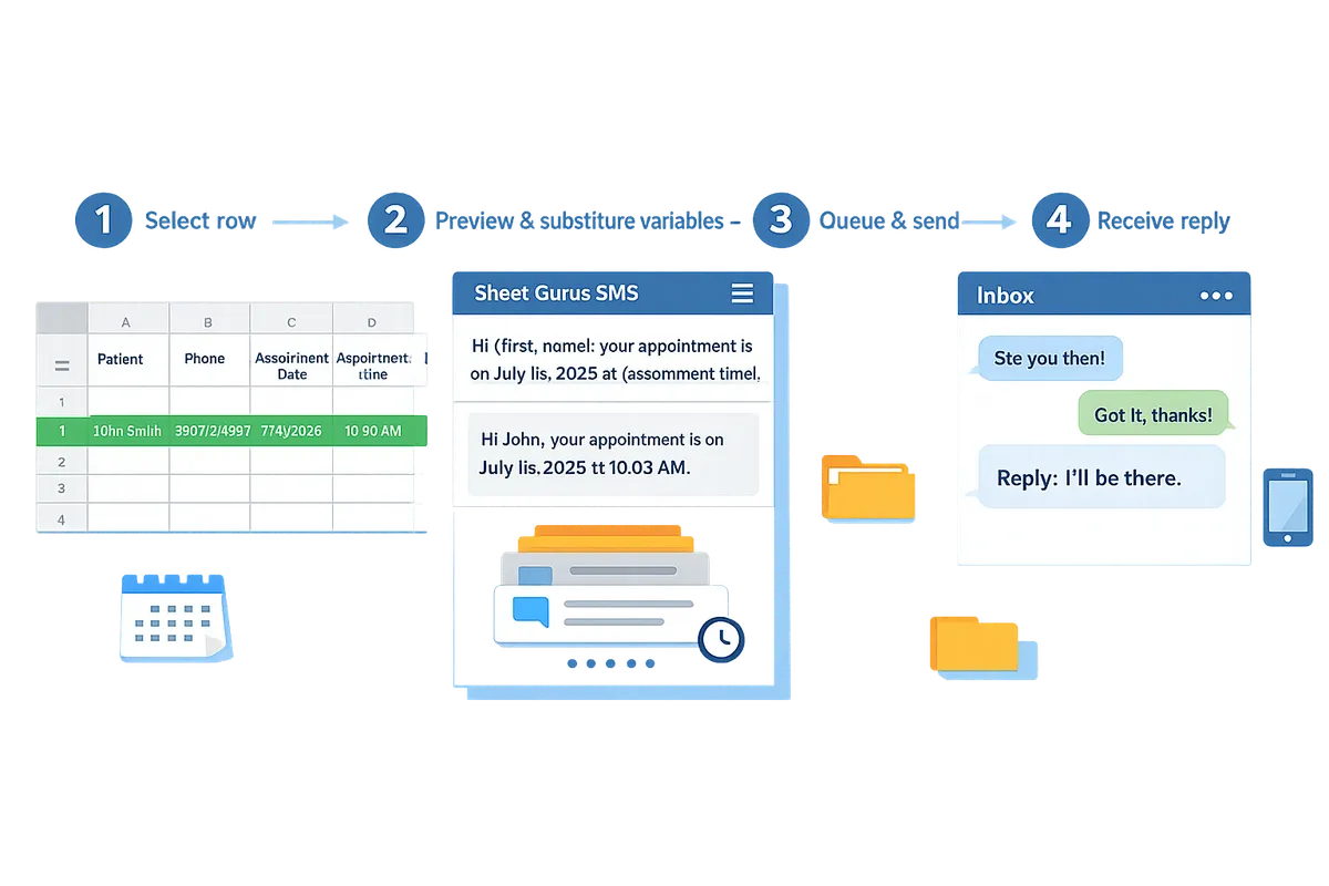 simple flow diagram showing a google sheet row feeding into the sheet gurus sms sidebar variable substitution with curly brackets queued message delivery and a live inbox receiving two-way replies