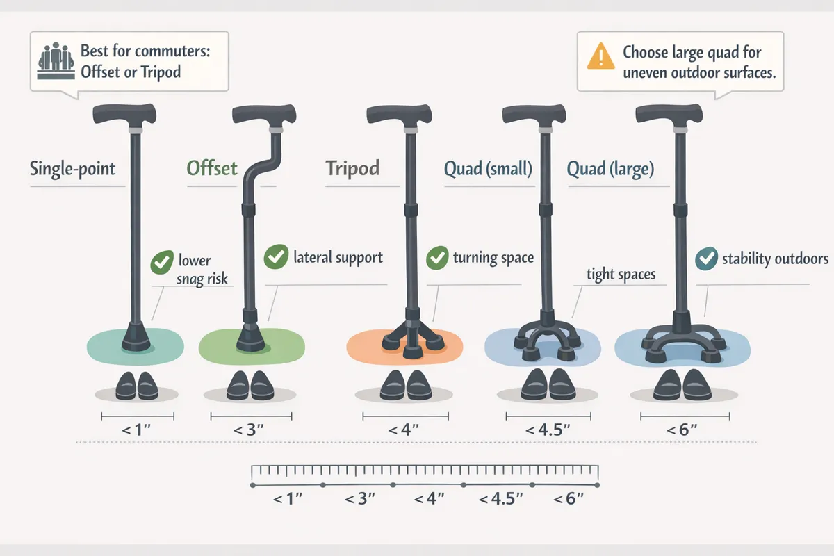 labeled diagram comparing singlepoint offset tripod and quad cane bases with footprint overlays