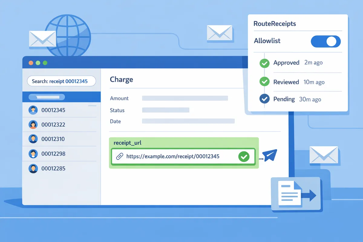 stripe dashboard showing search results and a charge record with a highlighted receipturl field