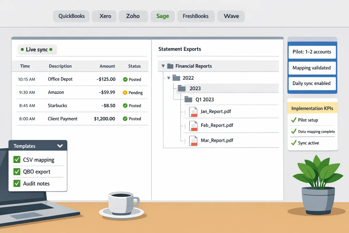 accountant dashboard showing side-by-side live feed transactions and exported statement pdfs organized in folders