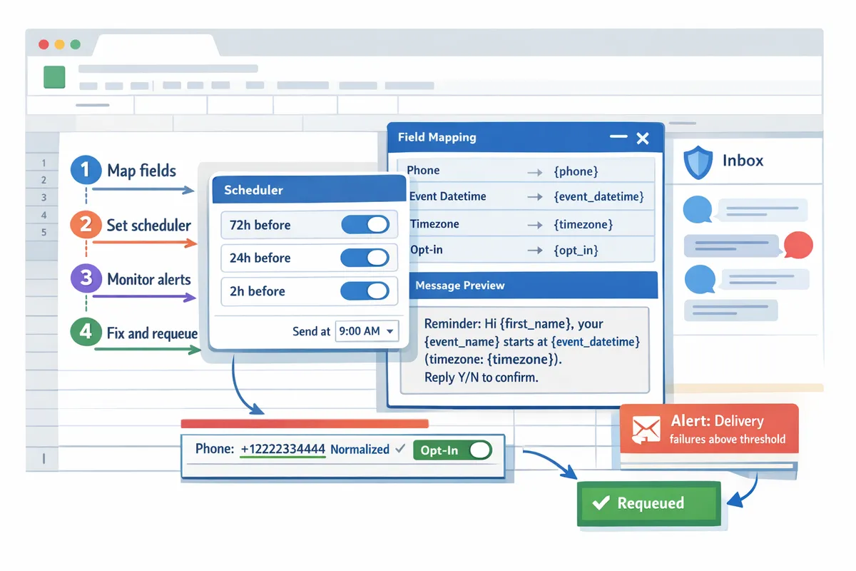 sidebar fieldmapping screen showing phone eventdatetime timezone and optin columns bound to variables with a scheduler panel open
