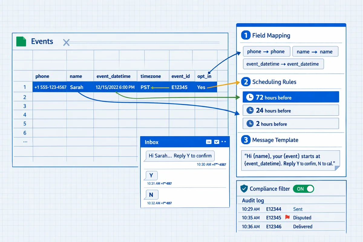 sample events sheet with columns phone name eventdatetime timezone eventid optin and the sheet gurus sms sidebar open showing mapped fields