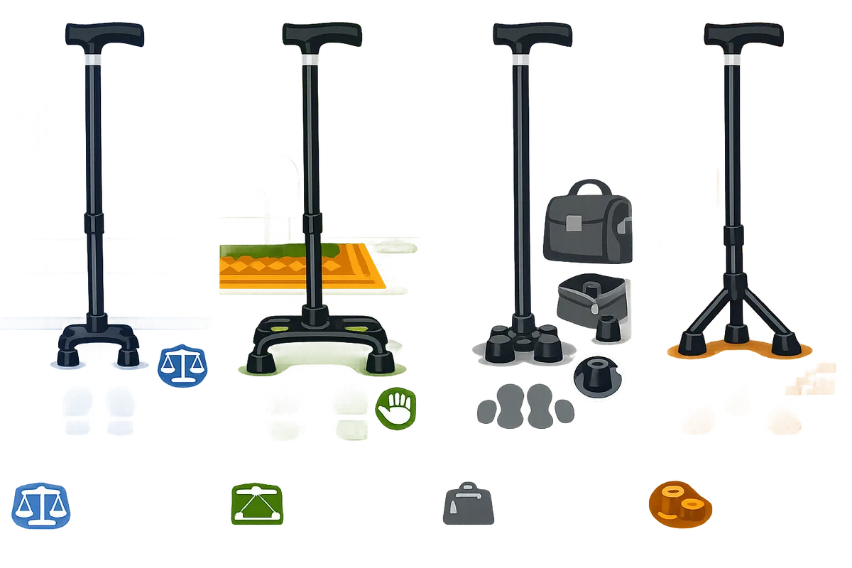 splitscreen showing narrowbase quad cane largebase quad cane quad tip quadpod and tripod sidebyside with footprints highlighted