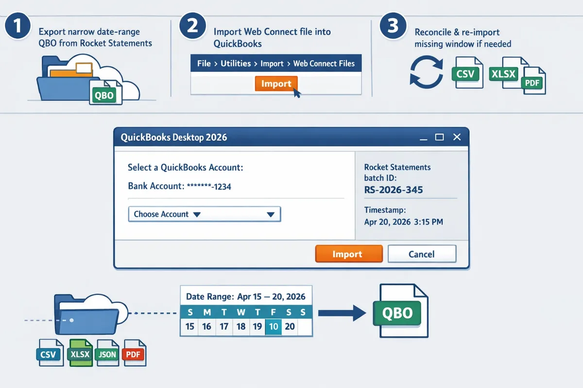 quickbooks desktop 2026 import dialog with file utilities import web connect files highlighted and the account selection screen visible