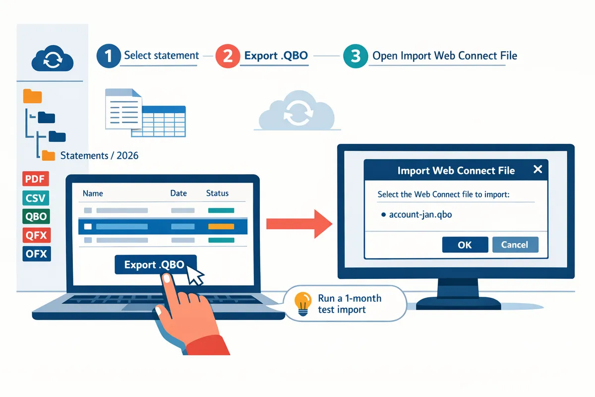 user exporting a qbo file from rocket statements and preparing quickbooks desktop import screen