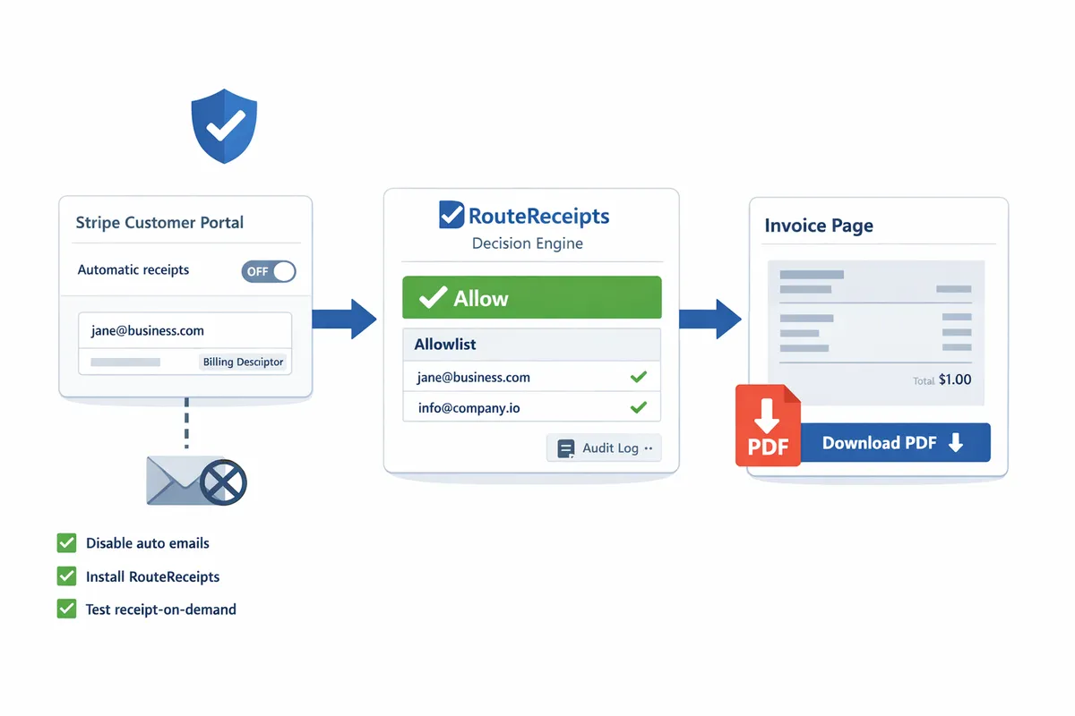 flow diagram showing stripe customer portal route receipts decision and hosted invoice pdf download