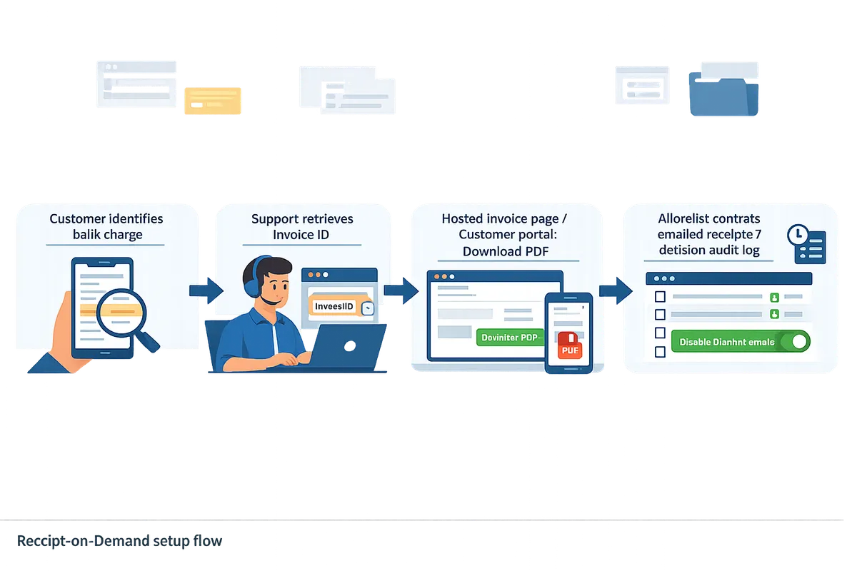 flowchart showing customer identifies bank charge support retrieves invoice id customer uses hosted invoice page or customer portal to download pdf route receipts allowlist controls emailed receipts