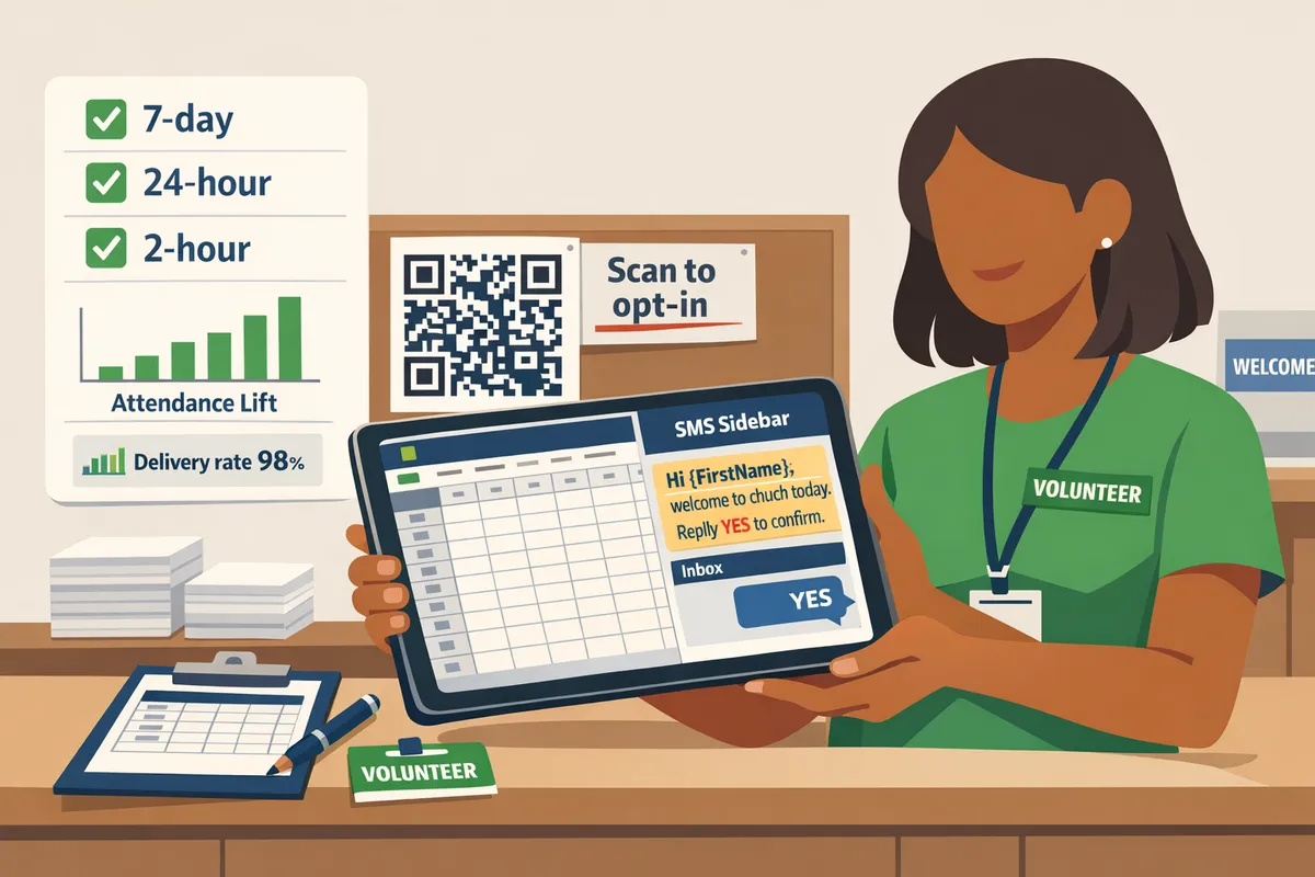 volunteer using a tablet at the welcome desk to capture sms optins with a qr code on the bulletin