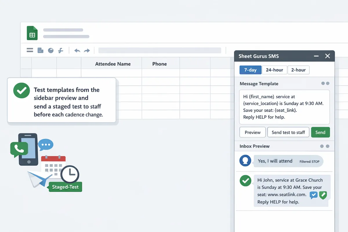 sheet gurus sms sidebar open in google sheets showing message template fields and a realtime inbox preview