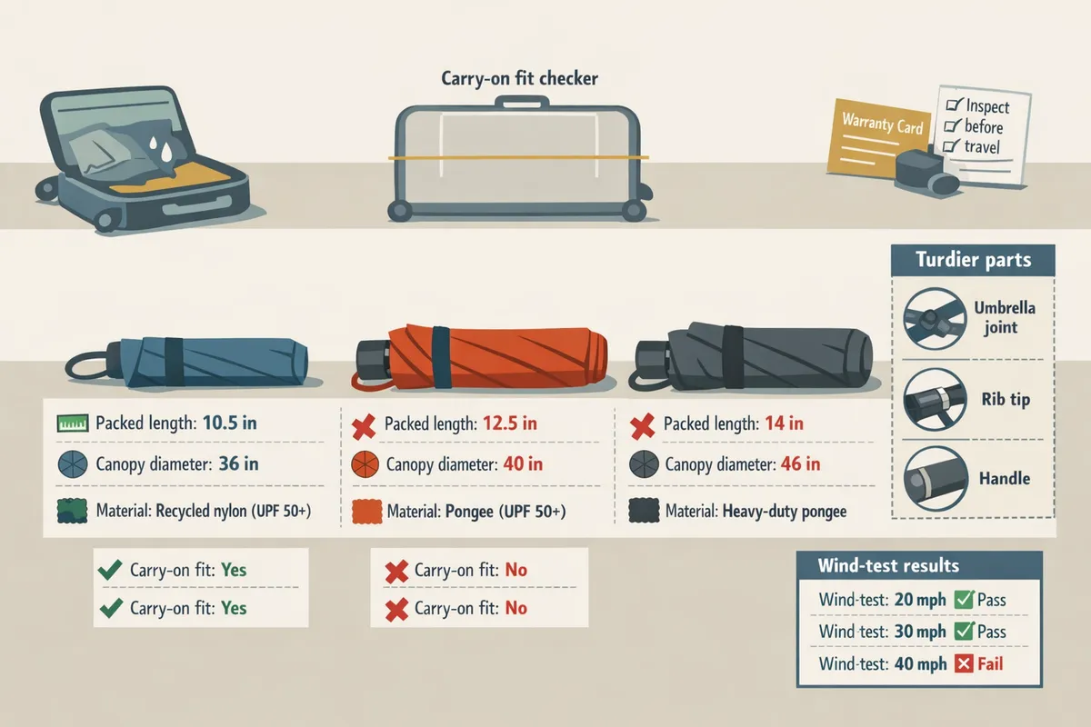 three travel umbrellas on a table with labels for packed length canopy diameter and material notes
