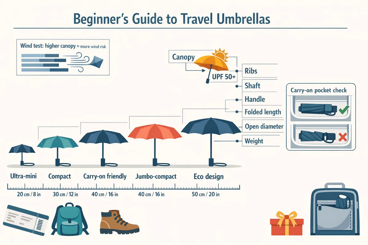 annotated diagram showing umbrella parts and a size comparison from ultramini to jumbocompact with carryon pocket illustration