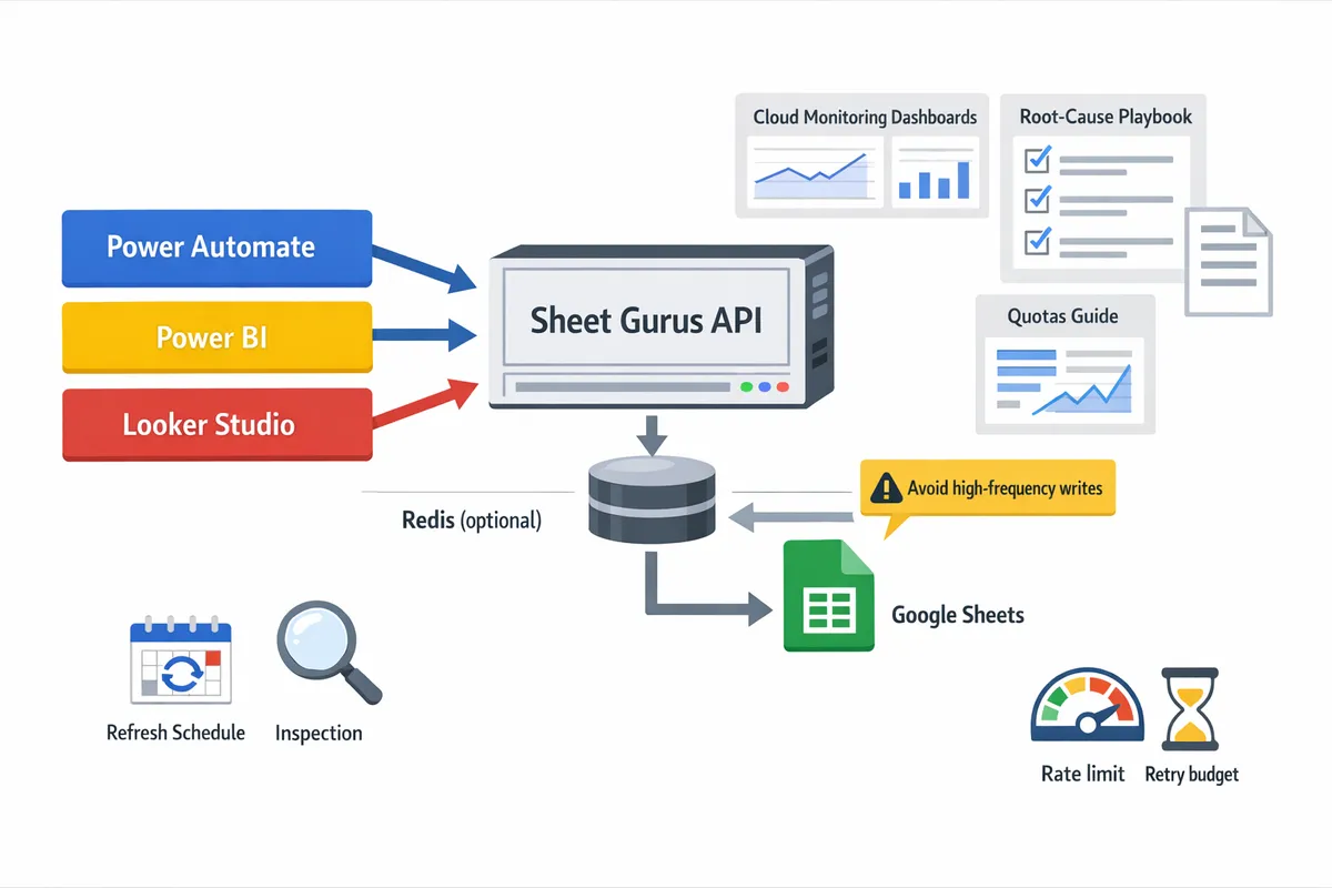 architecture diagram showing power automate power bi and looker studio pointing to sheet gurus api with optional redis cache between sheet gurus and google sheets
