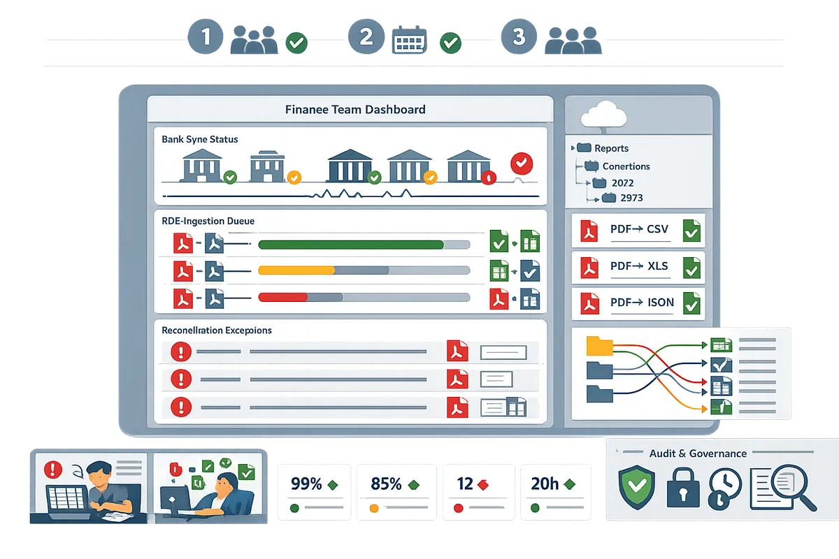 finance team dashboard showing live bank sync status pdf ingestion queue and recent reconciliation exceptions