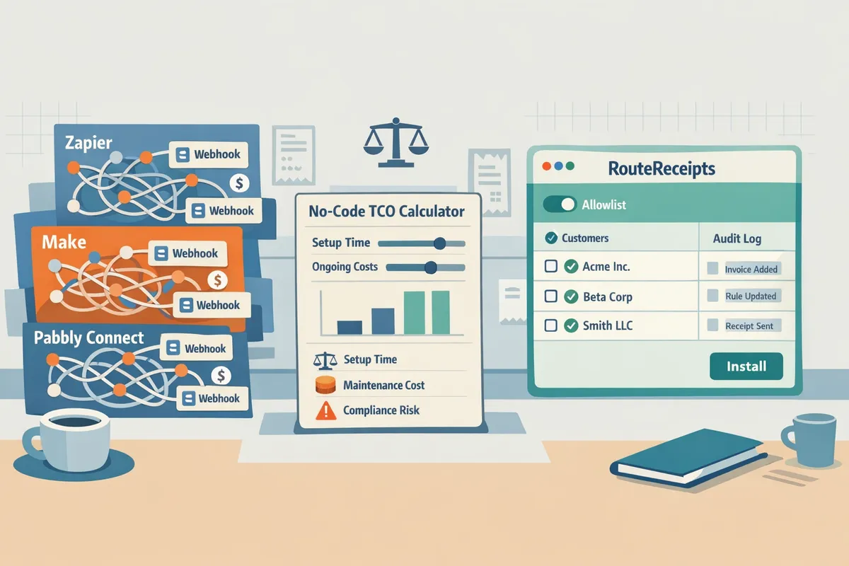 Zapier vs Make vs Pabbly Connect vs RouteReceipts for Stripe Receipts: 2026 No‑Code TCO Calculator and Decision Guide