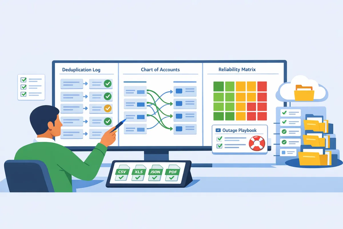 accountant reviewing an automated bank feed dashboard showing deduplication logs and mapped chartofaccounts