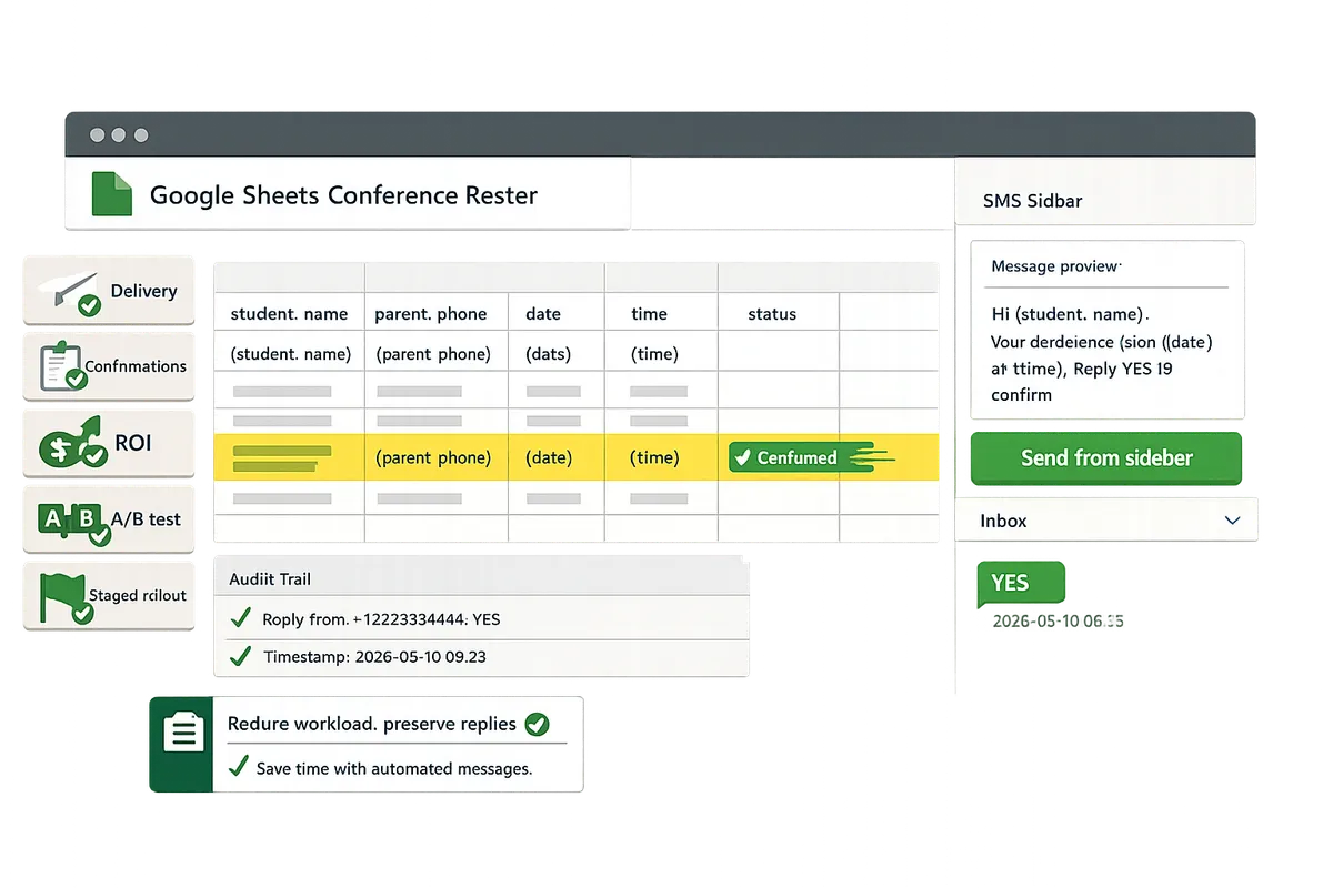 google sheet showing a conference roster with columns studentname parentphone date time status and the sheet gurus sms sidebar open with a message preview