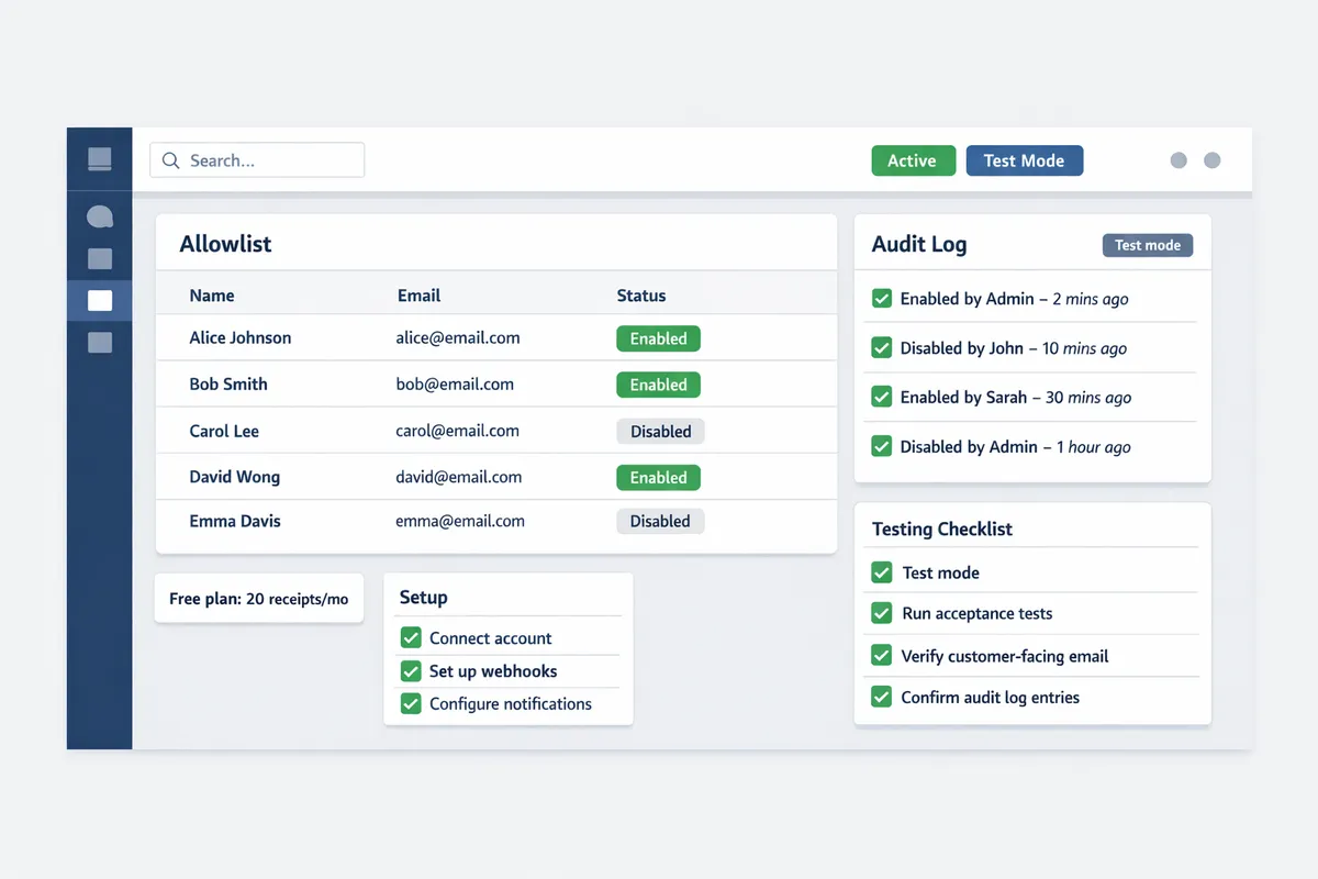 screenshot of receipt allowlist ui showing enableddisabled customers and audit log entries