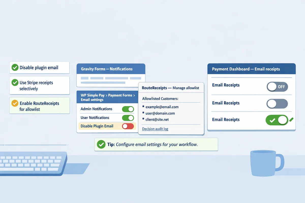 screenshot of a wordpress gravity forms notification settings panel next to a stripe dashboard email receipts toggle