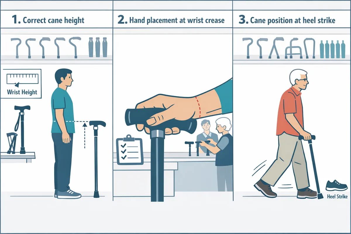 sidebyside photos showing correct cane height hand placement at wrist crease and cane position at heel strike