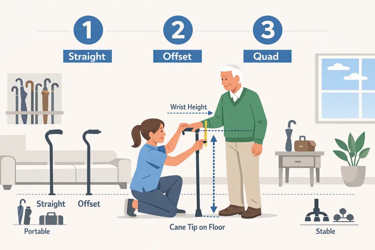 caregiver and senior comparing a straight cane an offset cane and a quad cane in a living room while checking cane height