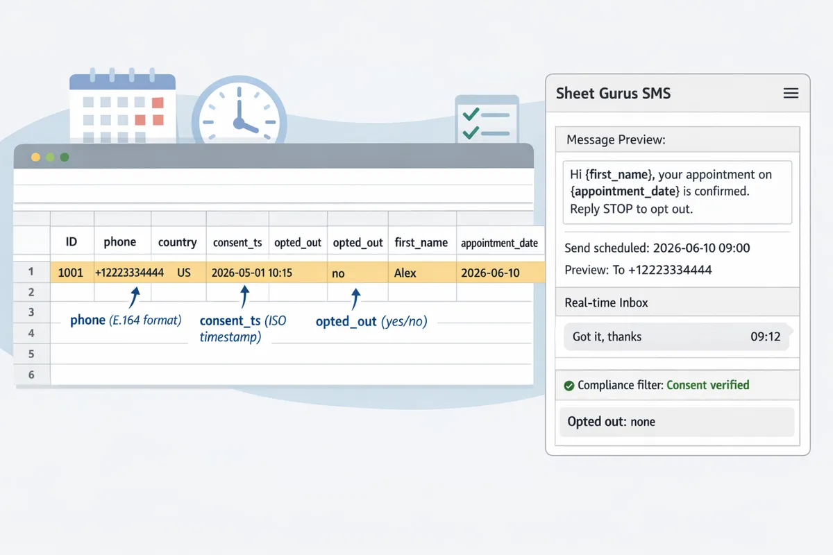 annotated google sheet showing required columns id phone country consentts optedout firstname appointmentdate plus the sheet gurus sms sidebar previewing a personalized message