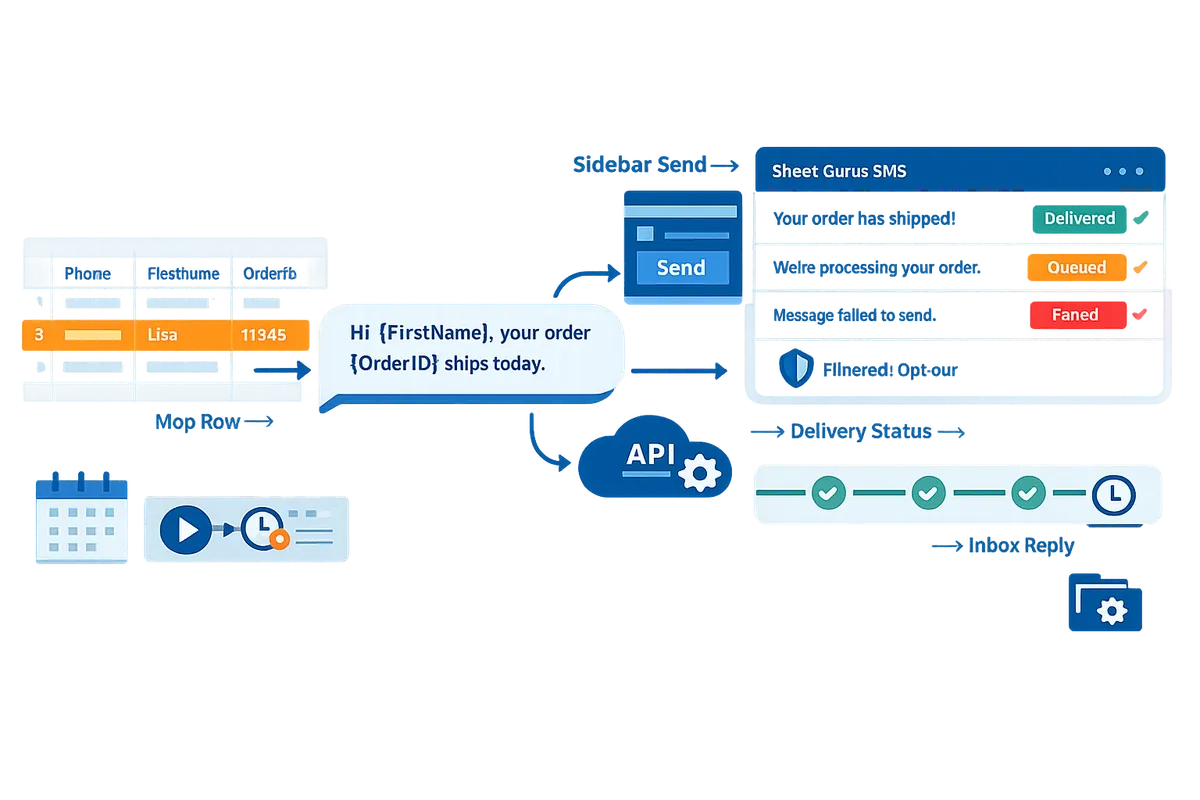 annotated flowchart showing a spreadsheet row mapping to a message then routing via addon or api with inbox and delivery status