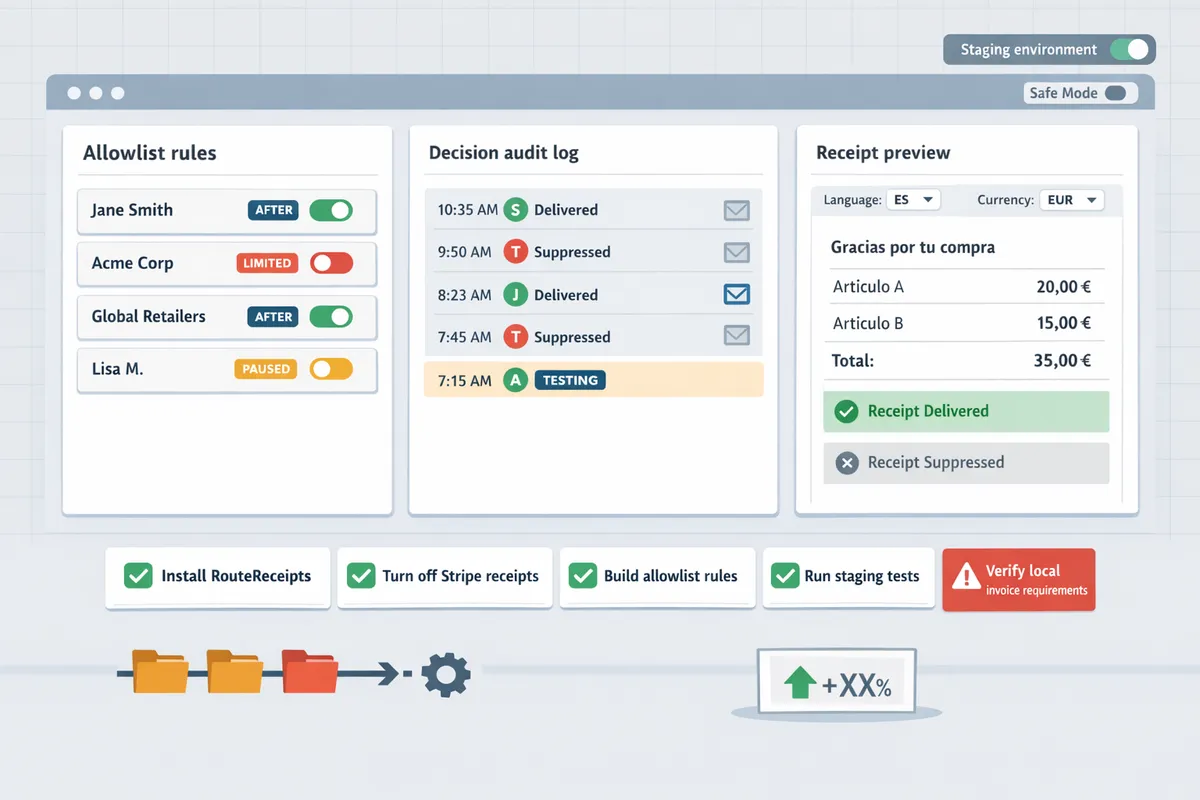dashboard showing allowlist rules audit log entries and a preview of a localized receipt template