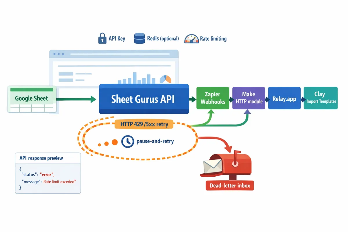 architecture diagram showing a google sheet connected to sheet gurus api with arrows to zapier webhooks makecom http module relayapp and clay import templates