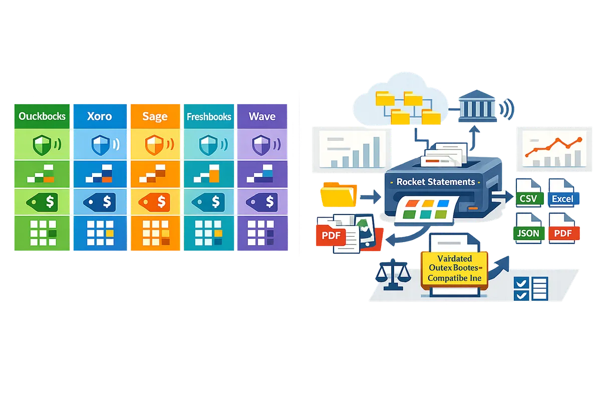 sidebyside table of accounting platforms csv exports and conversion workflow with rocket statements