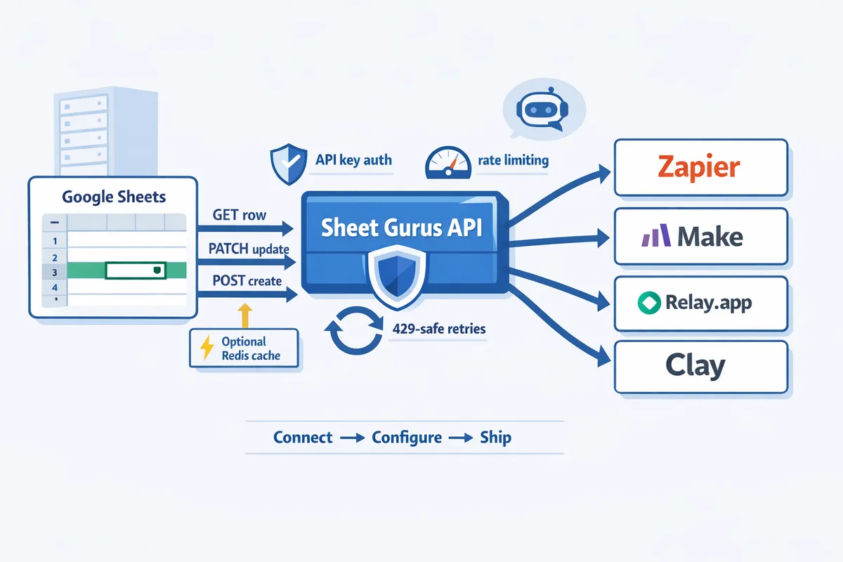 api integration architecture diagram showing data flow from google sheets through sheet gurus api to zapier make relayapp and clay