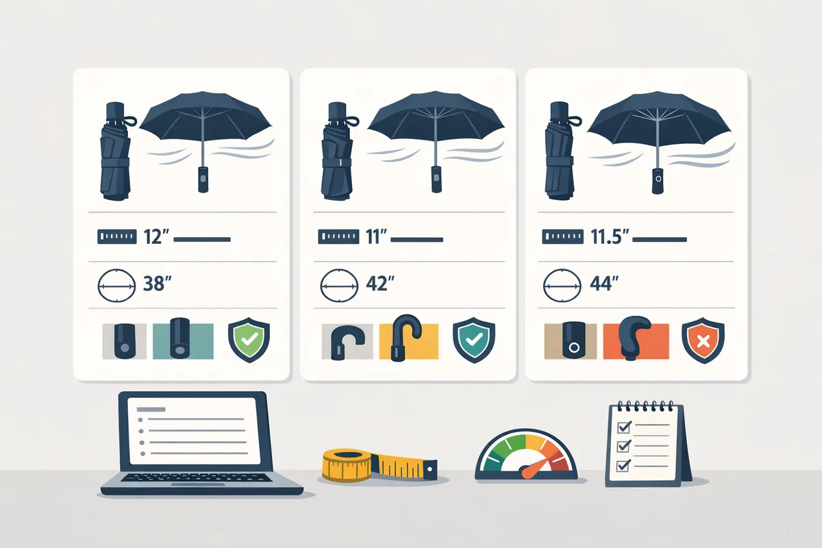 sidebyside comparison graphic showing packed length open canopy diameter handle style and windtest icons for three commuter umbrellas
