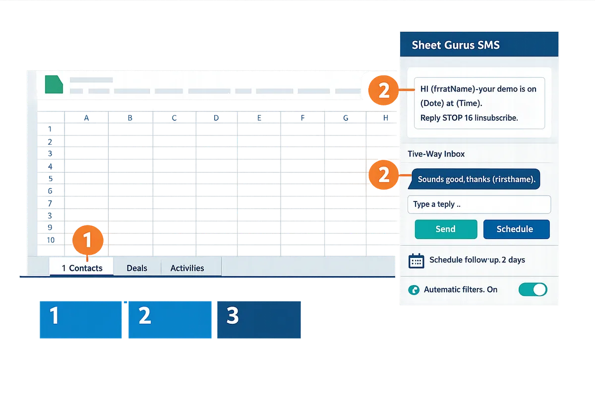 screenshot of a google sheet showing contacts deals activities tabs with the sheet gurus sms sidebar open and a preview of a templated sms message
