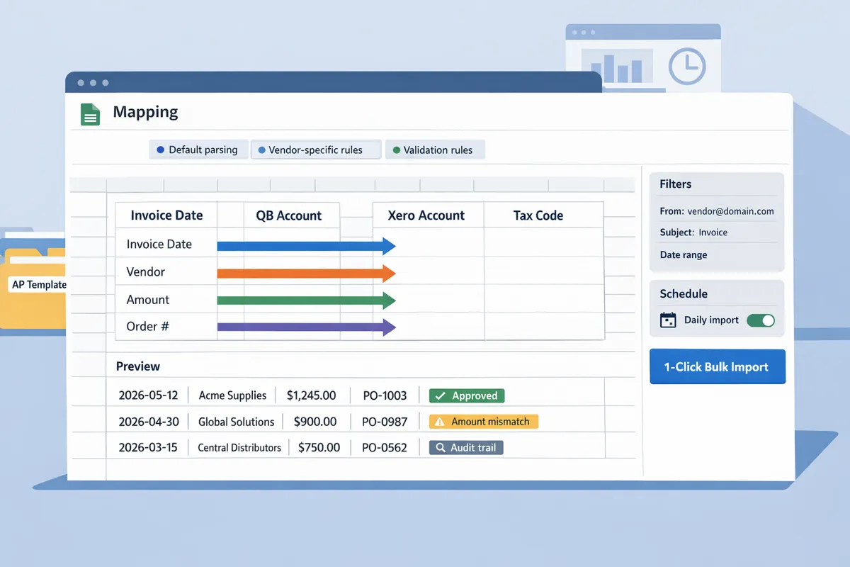 google sheets template open with mapping tab visible and a preview of parsed invoice rows