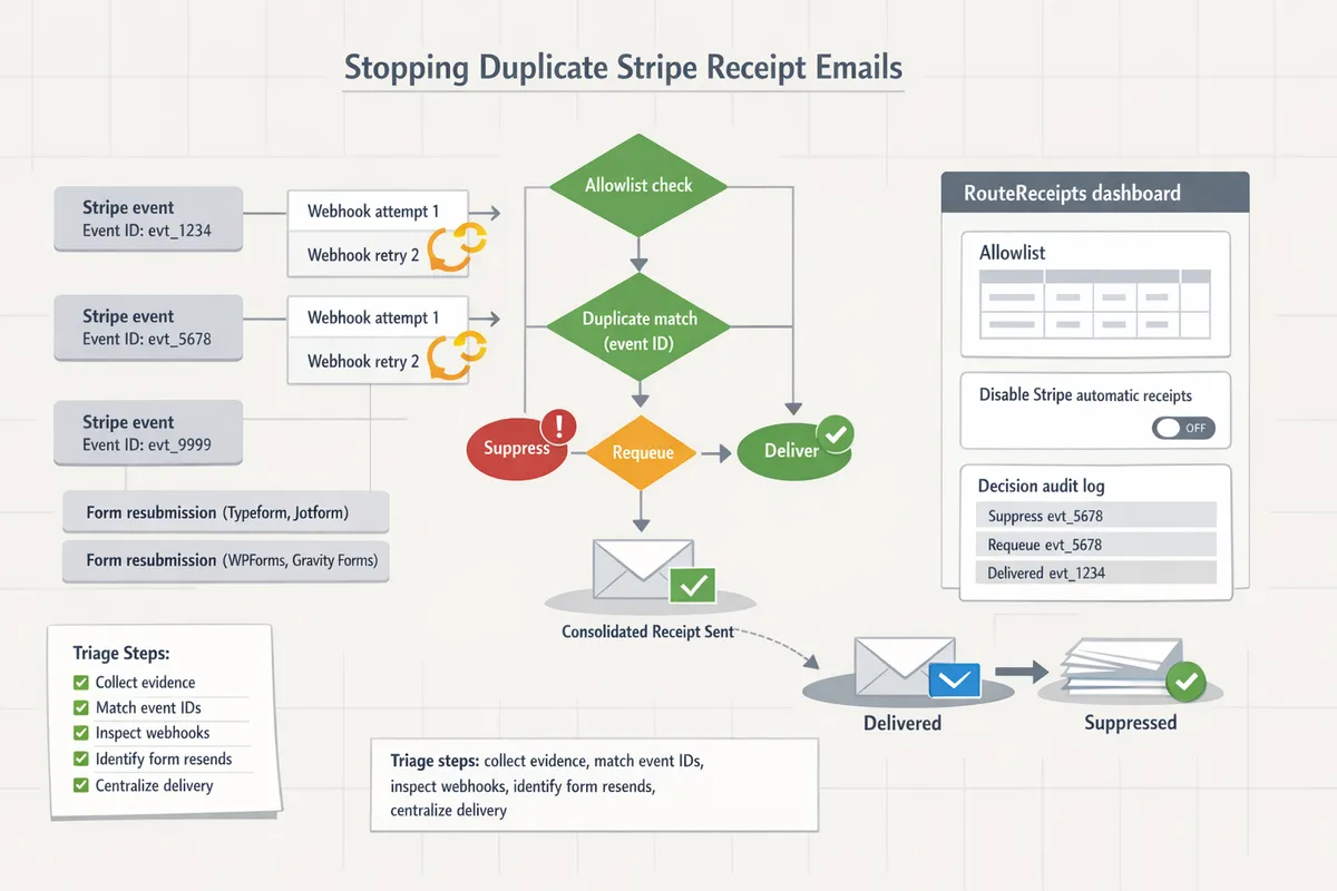 diagnostic flowchart showing stripe event timeline webhook retries and formbuilder resends