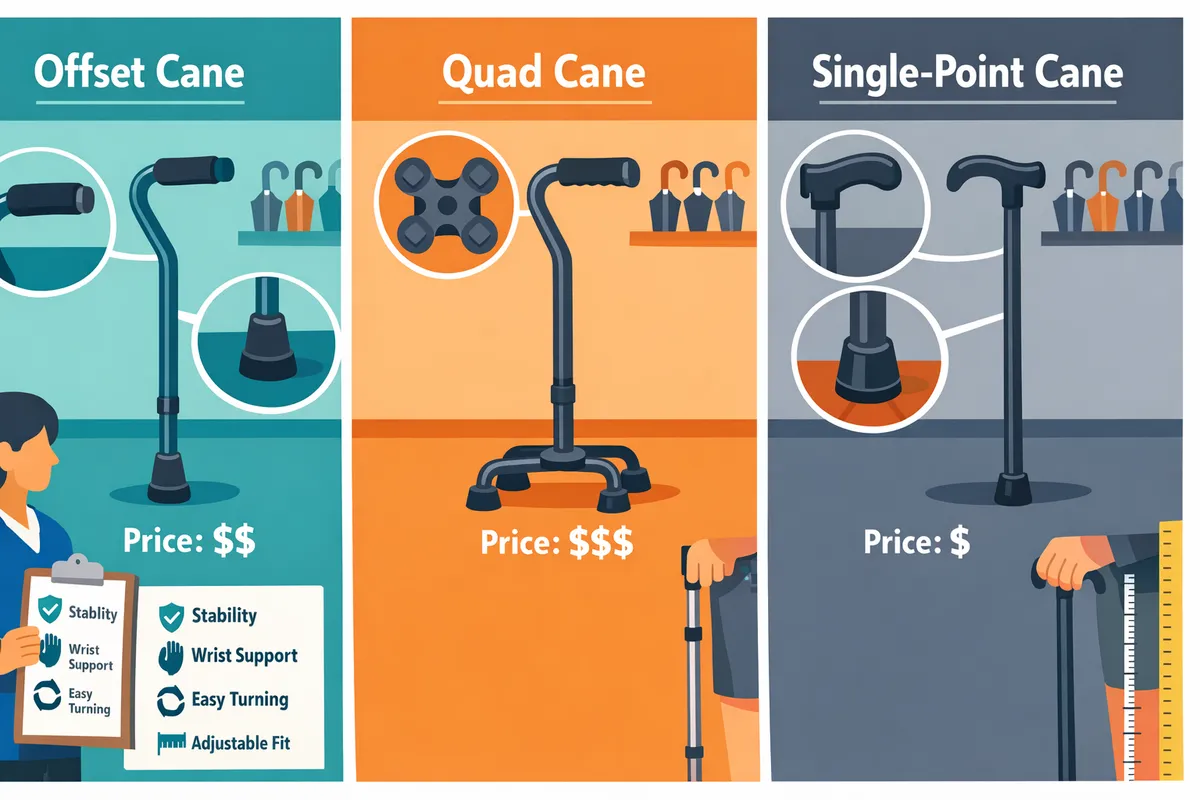 sidebyside photo of offset cane quad cane and singlepoint cane showing bases and handle styles